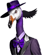 A goose wearing a purple suit and hat.