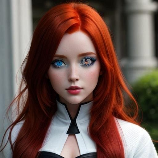 A close up of a doll with long red hair